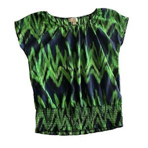 Michael Kors Womens Green Blue Top M Peplum Blouse Vivid Colors Cap Short Sleeve